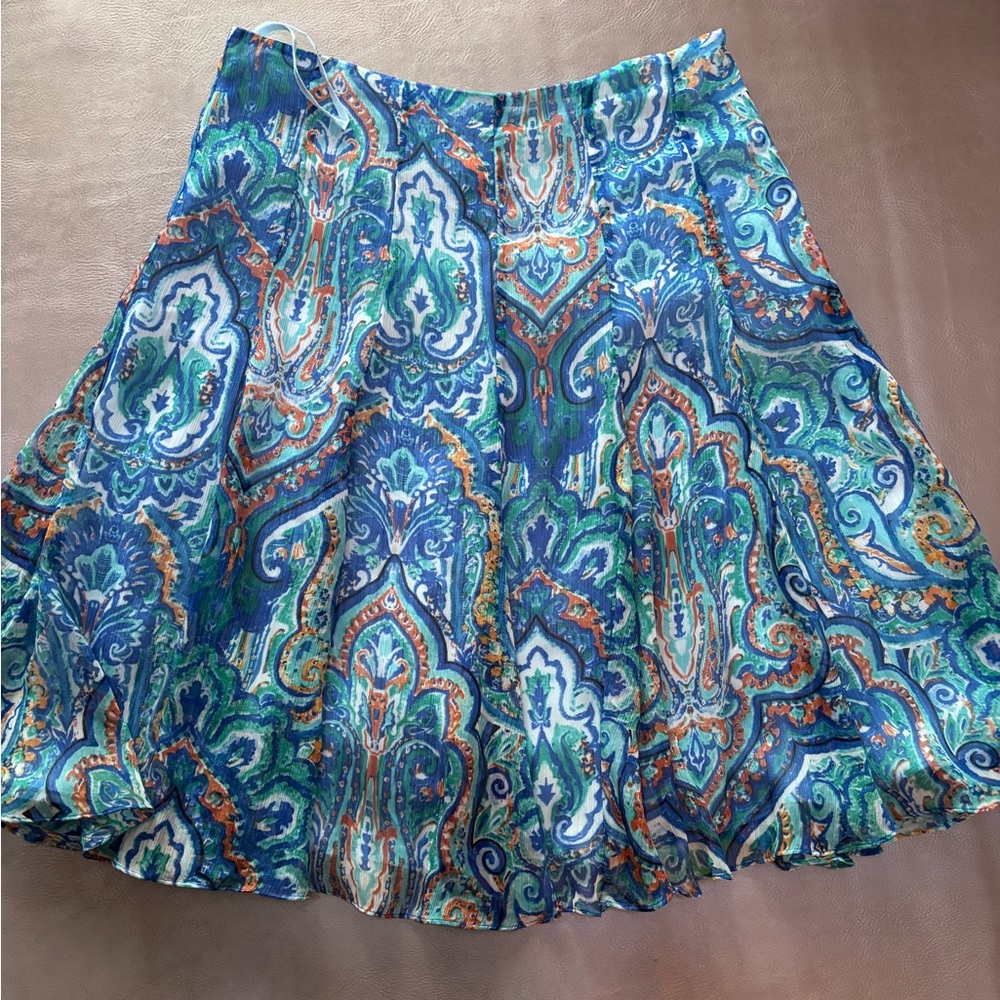Ralph Lauren Chiffon Paisley A-Line Ruffle Midi Skirt Blue Orange 10 polyester